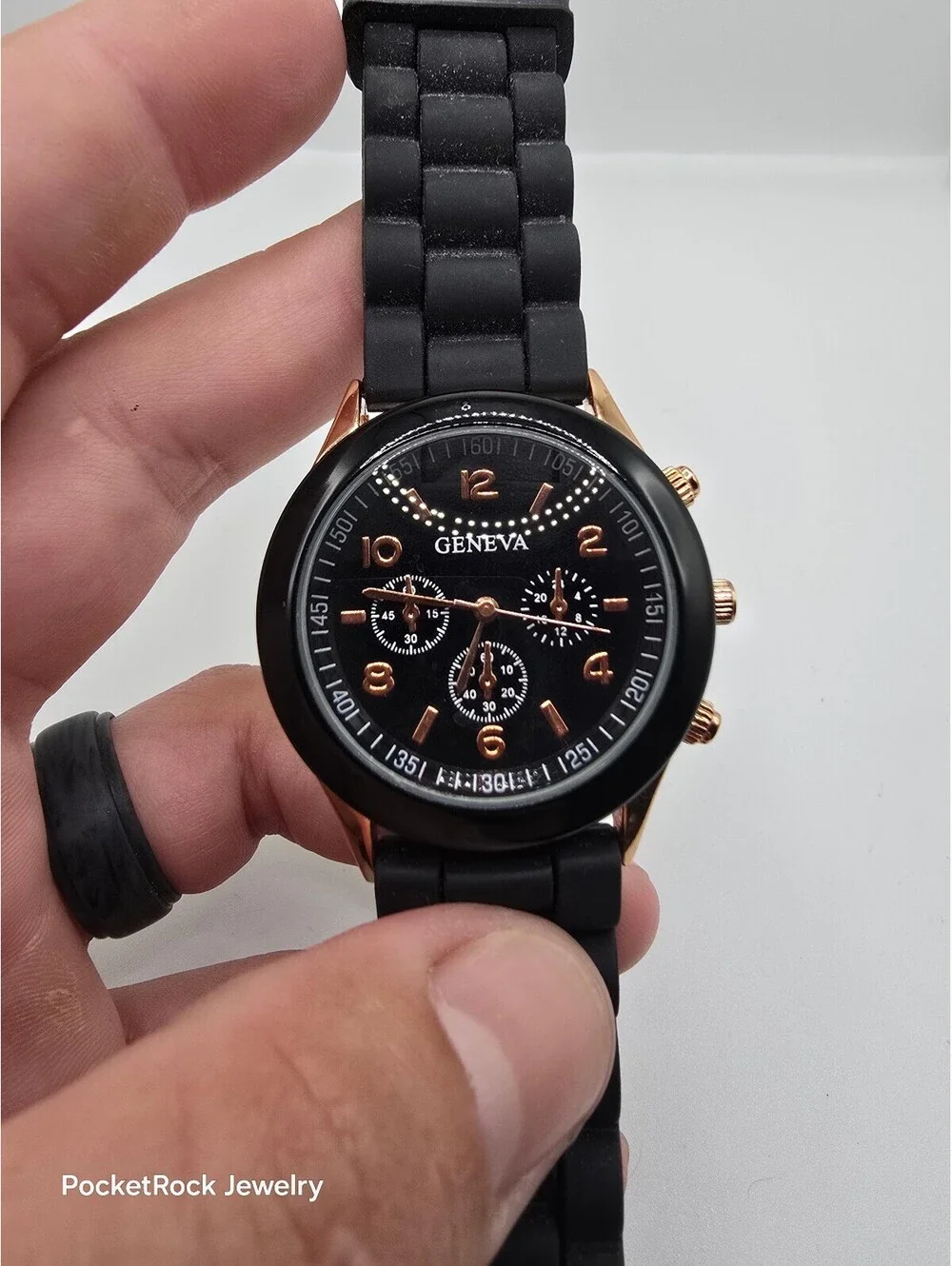 Geneva Quartz Analog Multi-Dial Watch Black Dial Gold Tone Case Black Silicone